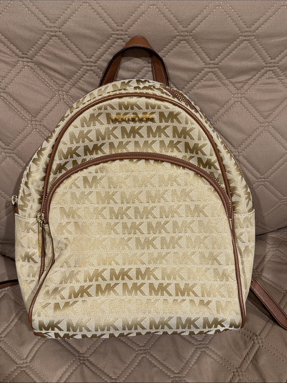Michael Kors Beige and Brown MK Logo Mini Backpack